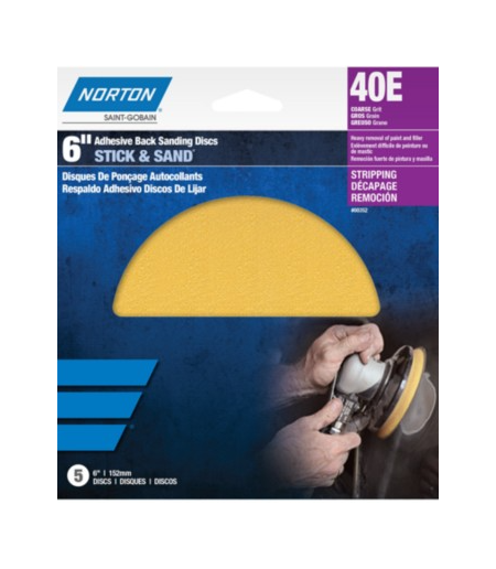 Norton Abrasives 00352 Stick And Sanding Discs 6" 40E Grit PSA Quantity 5x