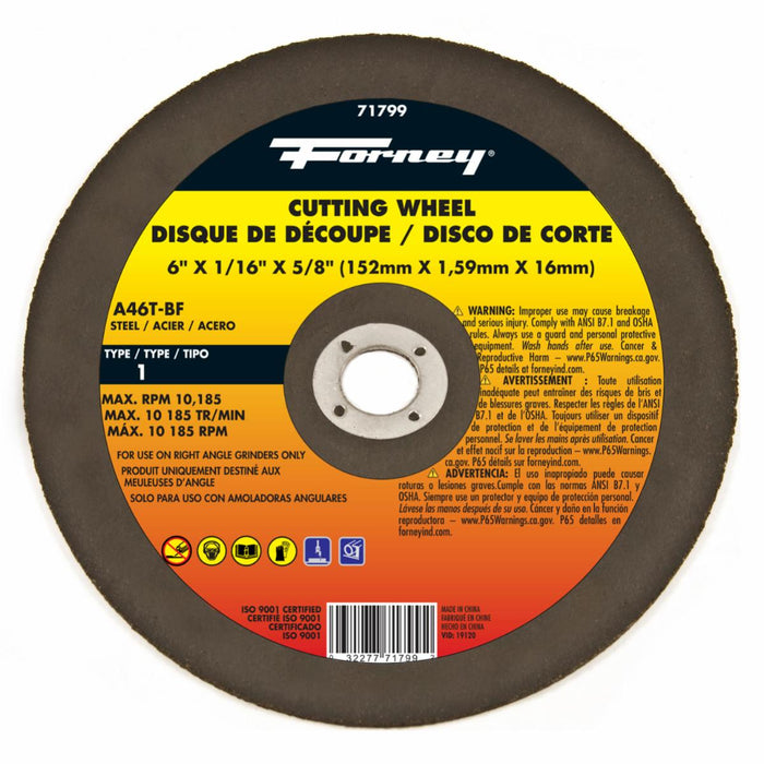Forney 71799 Cut-Off Wheel, Metal, Type 1, 6" x 1/16" x 5/8"