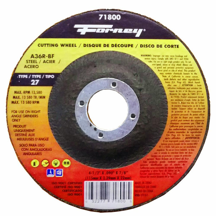 Forney 71800 Cut-Off Wheel, Metal, Type 27, 4-1/2" x .090" x 7/8"