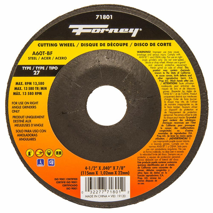 Forney 71801 Cut-Off Wheel, Metal, Type 27, 4-1/2" x .040" x 7/8"