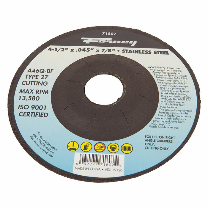 Forney 71807 Cut-Off Wheel, Stainless, Type 27, 4-1/2" x .045" x 7/8"