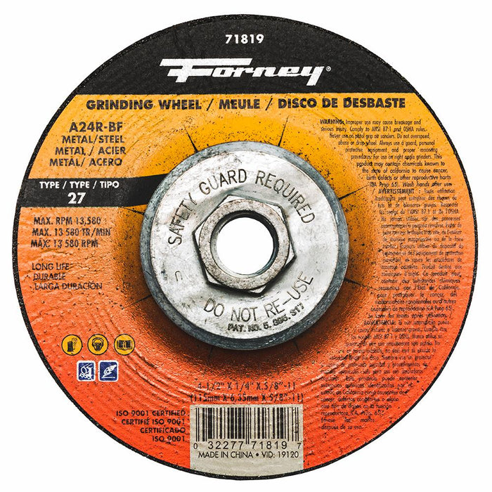Forney 71819 Grinding Wheel, Metal, Type 27, 4-1/2" x 1/4" x 5/8"-11