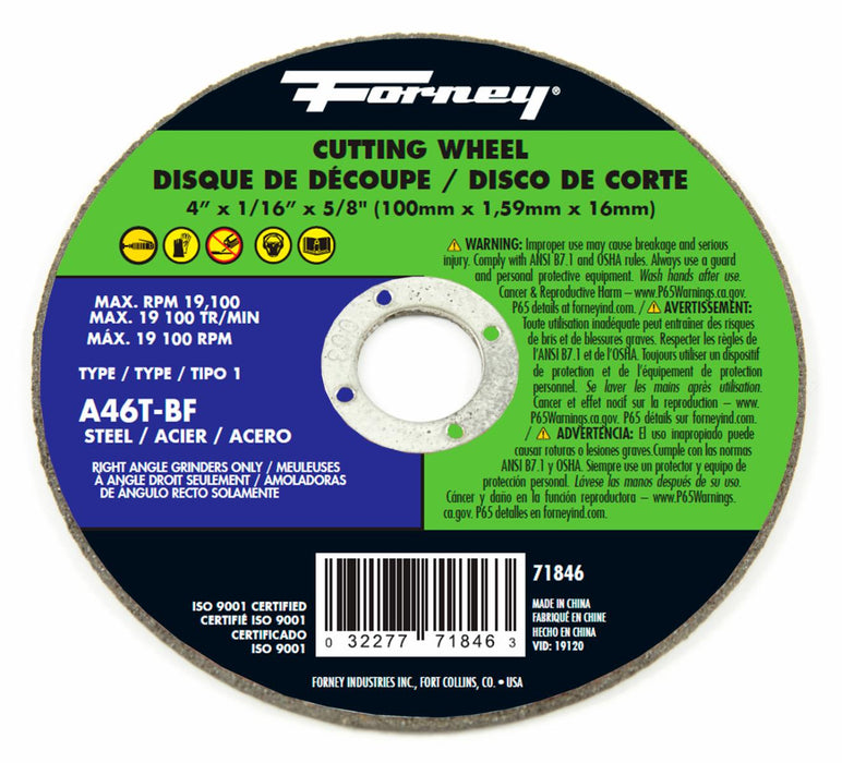 Forney 71846 Cut-Off Wheel, Metal, Type 1, 4" x 1/16" x 5/8
