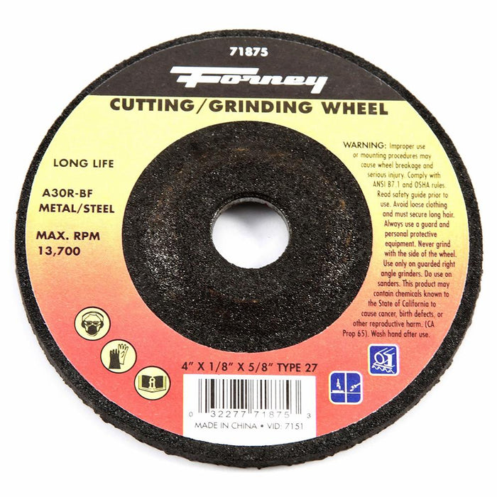 Forney 71875 Grinding Wheel, Metal, Type 27, 4" x 1/8" x 5/8"