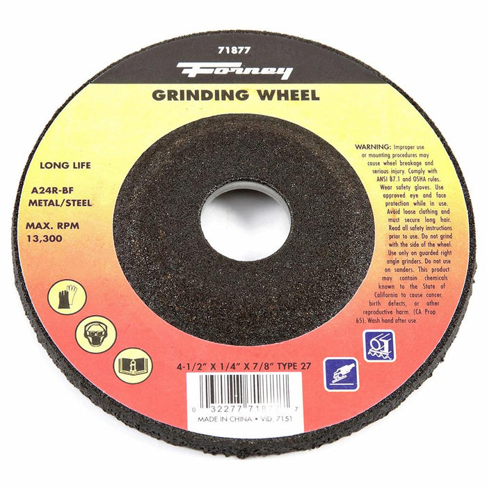 Forney 71877 Grinding Wheel, Metal, Type 27, 4-1/2" x 1/4" x 7/8"