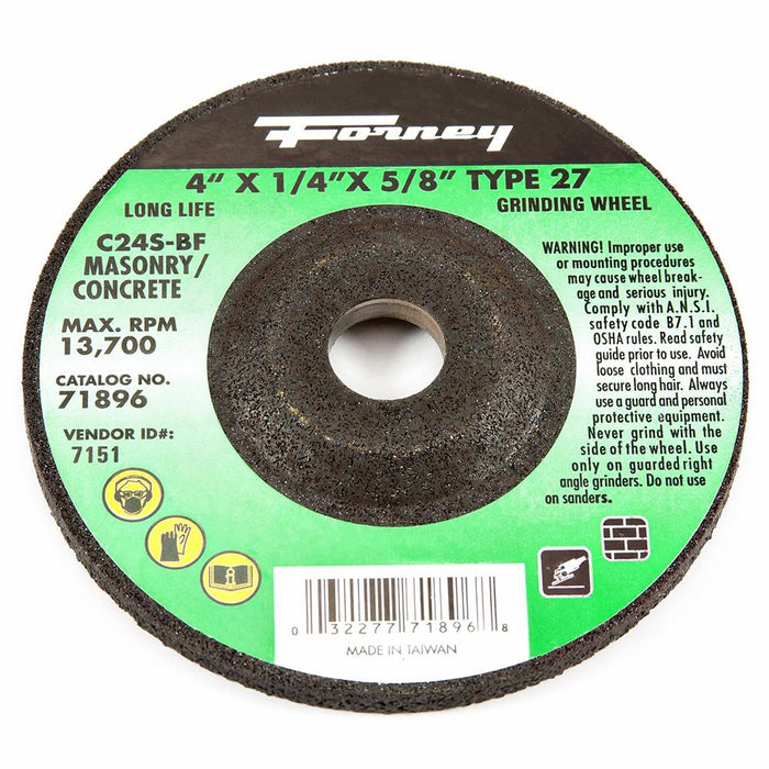 Forney 71896 Grinding Wheel, Masonry, Type 27, 4" x 1/4" x 5/8"