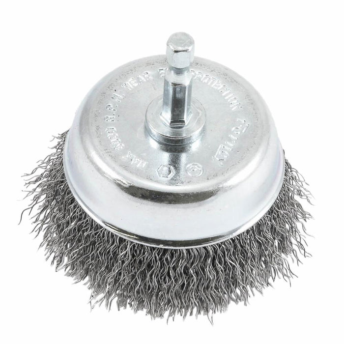 Forney 72731 Cup Brush Crimped, 3" x .012 x 1/4" Hex Shank