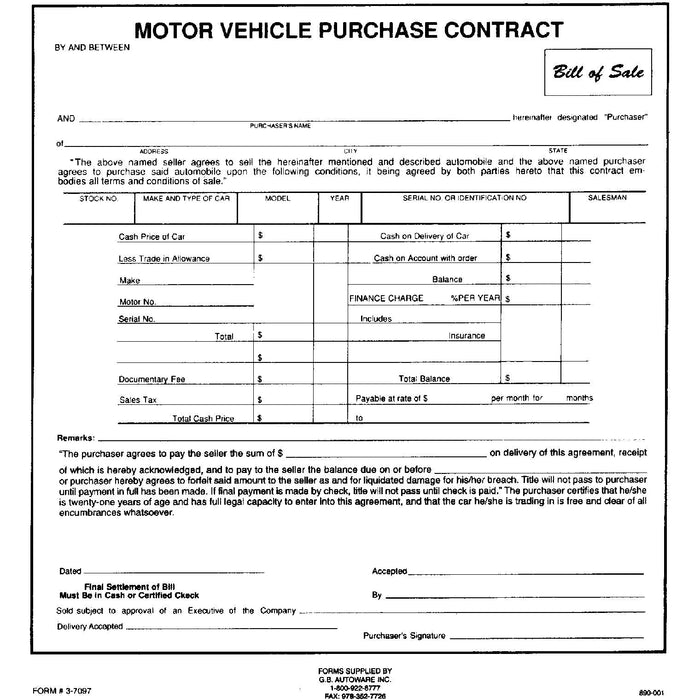 XCP DL-BS CAR Products Bill Of Sale Purchase Contract (100 pk)